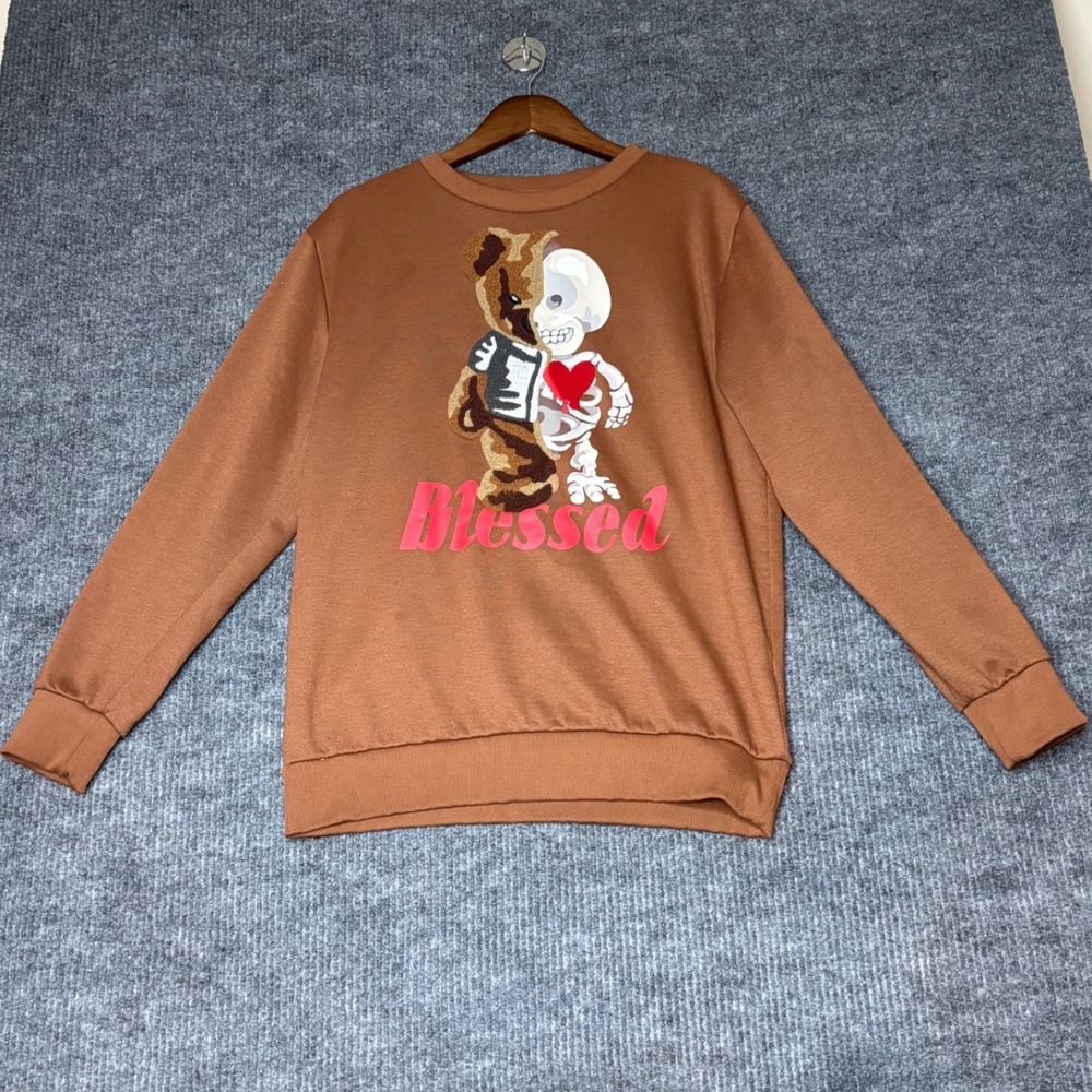 Super Massive Blessed Bear Skeleton Graphic Sweatshirt Brown Mens Large L